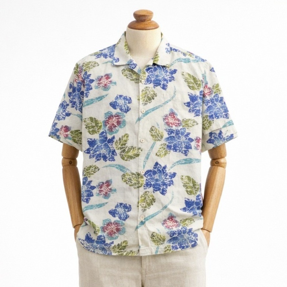 Tommy Bahama Mens Silk Hawaiian Shirt XL Tropical Floral Button Up Beige Blue